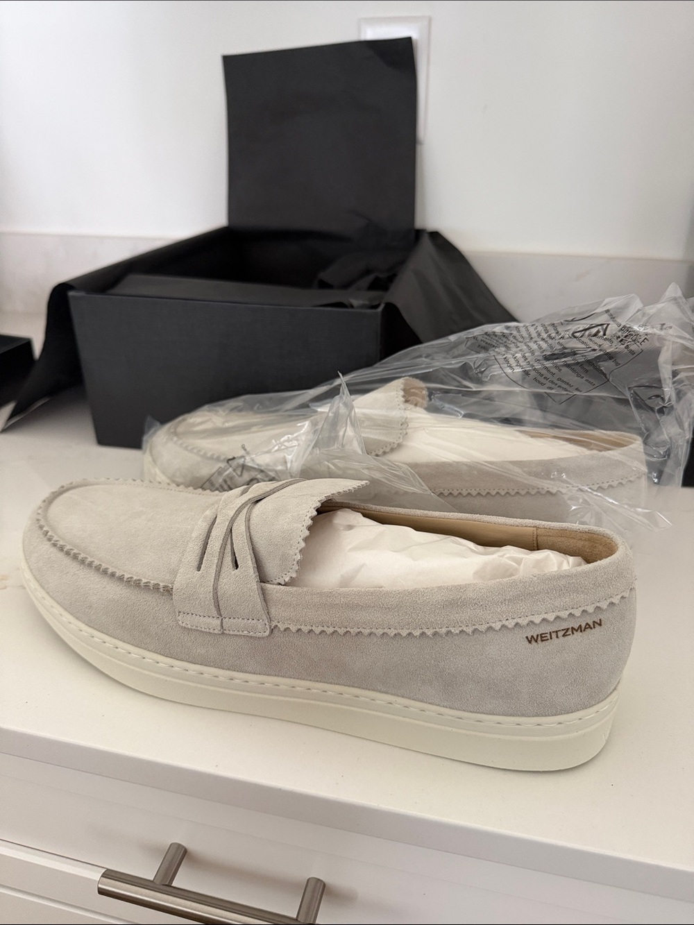 Stuart Weitzman Light Gray Suede Penny Loafers